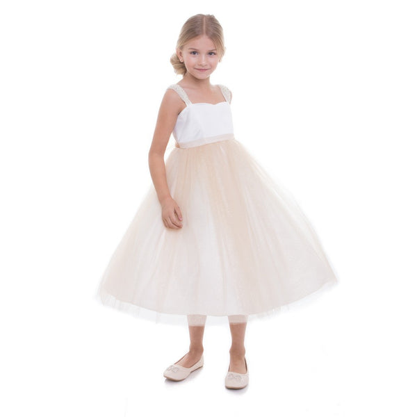 Petite Adele Big Girls Champagne Pearl Shoulder Mesh Junior Bridesmaid Dress 8-12 - SophiasStyle.com